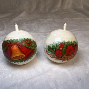 Vintage Lot of 2 80's Round Ball‎ Christmas Ornaments Pointsettia And Bells *See